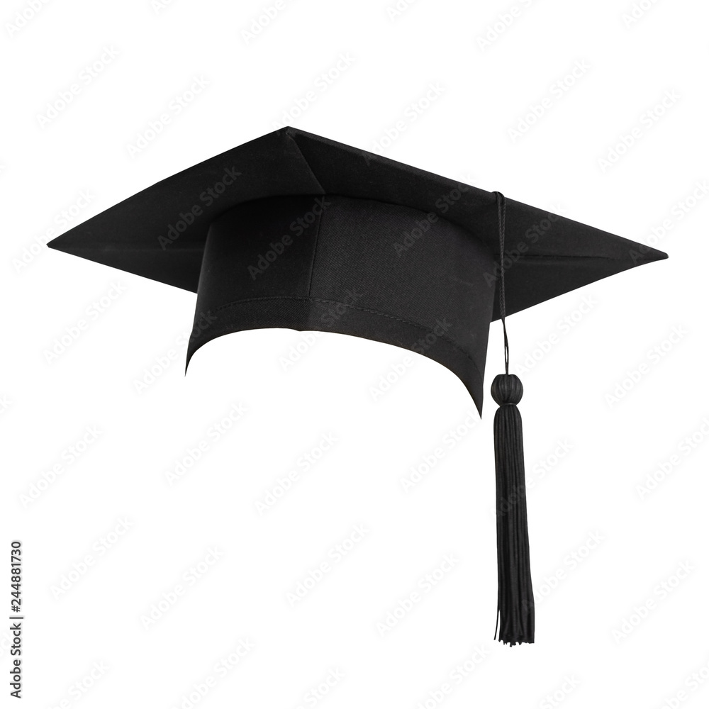 Graduation hat, Academic cap or Mortarboard in black isolated on white background with clipping path for educational hat design mockup and school commencement hat mock-up template - obrazy, fototapety, plakaty 