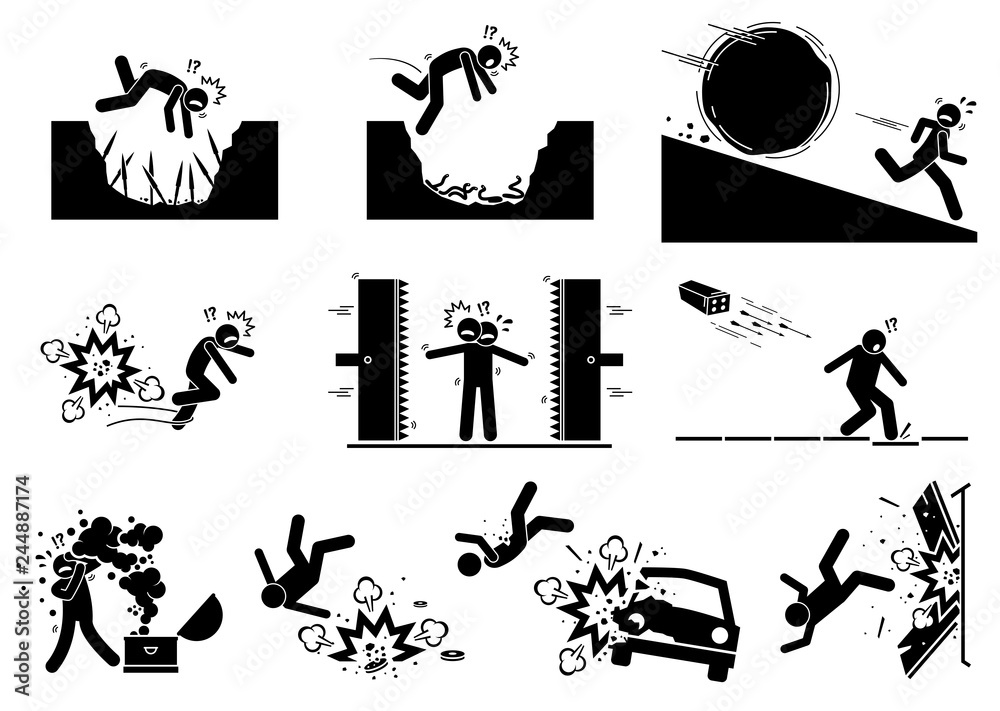 Booby trap pictograms. Stick figure icons depict ancient and modern booby trap setup that kill human. - obrazy, fototapety, plakaty 