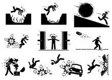Booby Trap Pictograms. Stick Figure Icons Depict Ancient And Modern Booby Trap Setup That Kill Human.