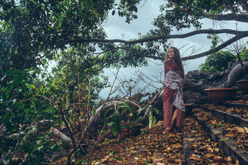 girl, dragon, background, stone, beautiful, young, art, woman, blue, black, decoration, old, travel, landscape, tree, outdoor, architecture, grass, building, traditional, house, garden, tourism, cultu