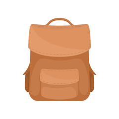 Canvas Print - Stylish casual brown backpack. Soft leather rucksack with small pockets. Flat vector design