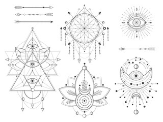 Wall Mural - vector kit of sacred geometric and natural symbols on white background. abstract mystic signs collec