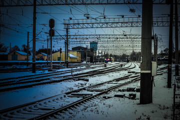 Train on the railway in winter