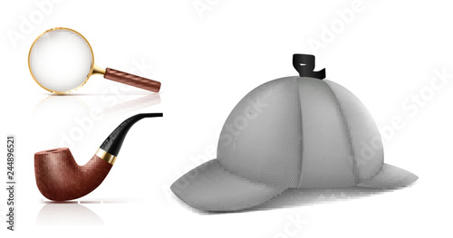 Fotografía Vintage magnifying glass, retro smoking tobacco pipe and deerstalker cap 3d realistic vector icons set isolated on white background