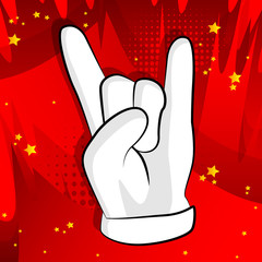 Vector cartoon hand in rocker pose. Illustrated hand expression, gesture on comic book background.