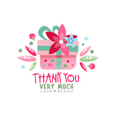 Sticker - Thank You Very Much logo design, holiday card, banner, invitation with lettering, colorful label in pink colors with floral elements vector Illustration