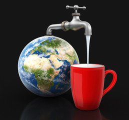 Wall Mural - 3d Globe with Water tap with cup. Image with clipping path