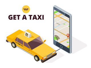 Poster - isometric mobile taxi and gps city map. navigation system for taxi and life with 3d smartphone and t