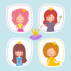 Wall Mural - Cute little princess stikers or avatars vector set. Illustration of princess girl character with crown