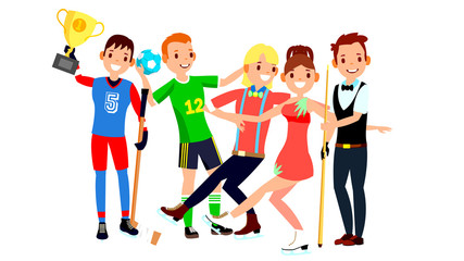 Canvas Print - Athlete Set Vector. Man, Woman. Hockey, Handball, Figure Skating, Snooker. Group Of Sports People In Uniform, Apparel. Sportsman Character In Game Action. Flat Cartoon Illustration