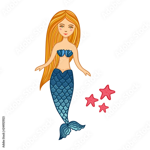 Hand Drawn Cute Little Mermaid Girl With Starfishes Color Sketch