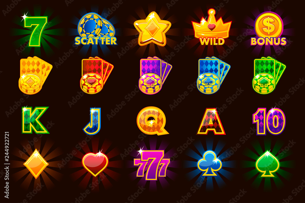 Big set gaming icons of card symbols for slot machines or casino in different colors Game casino, slot, UI