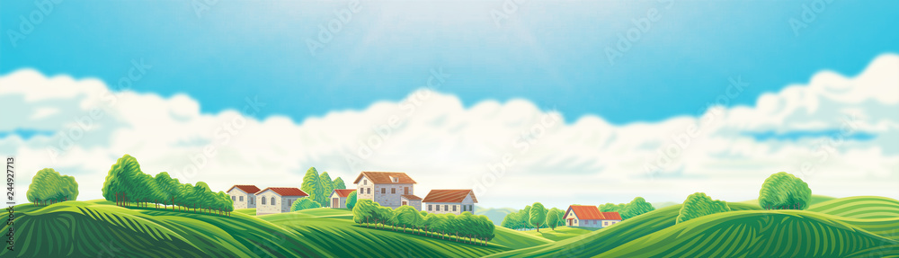 Rural panoramic landscape with a village and hills on a background of clouds - obrazy, fototapety, plakaty 