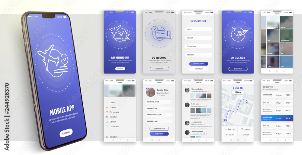 Design of the mobile application, UI, UX. A set of GUI screens with login and password input. Travel and ticketing , rating and statistics settings and payment screens. - obrazy, fototapety, plakaty 
