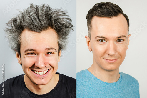 Two Young Men On The Left Before The Haircut With Long Gray