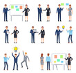 © paper_owl - Big set of people showing different interactions within company. Man and woman talking, pointing to chalkboard, showing presentation, communication and other situations. Flat style vector illustration