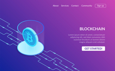 Poster - Cryptocurrency and blockchain composition. Big data processing, energy station of future, server room rack, data center. Modern illustration isometric style on ultraviolet background.