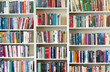 Blurred image of colorful bookshelf In secondhand shop.