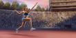 Young black female javelin thrower throwing a spear. Athlete in sport clothes at athletic sport track in professional stadium