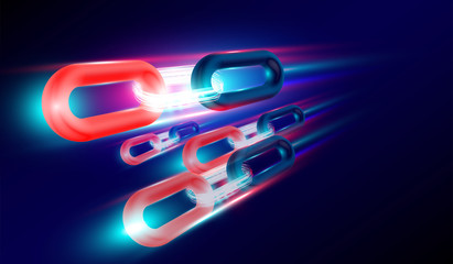 Poster - blockchain technology with 3d rendering concept, glow light chains connected together and flyer. vec