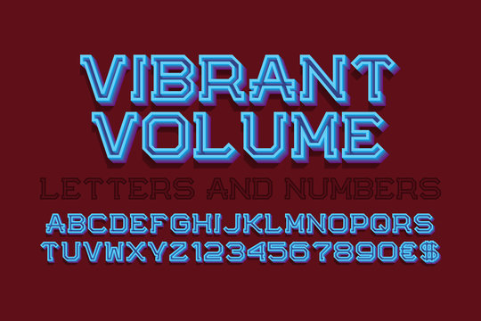 Vibrant volume letters and numbers with currency signs. Urban 3d font. Isolated english alphabet.