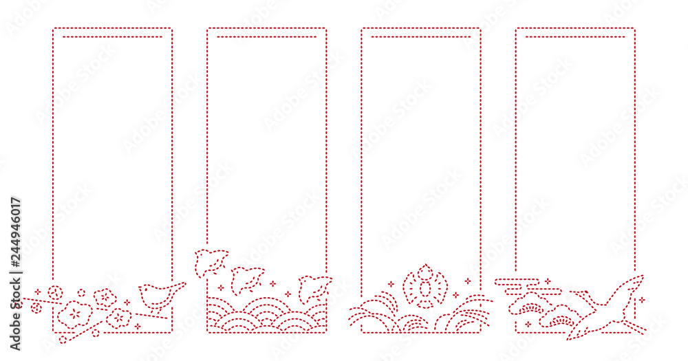 和風モダン刺繍模様 鳥と季節 春夏秋冬 春の梅と鶯 夏の千鳥と青海波 秋のふくら雀 雲とすすき 冬の鶴 松と雲 縦型長方形飾り枠 Wall Mural Hachy Ocamy