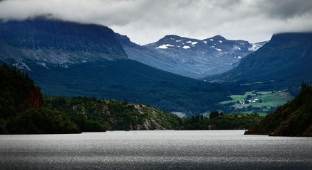 Fjord lake in the heart of Norway on a cloudy day