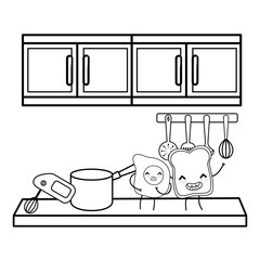 Poster - Kitchen and food kawaii cartoons in black and white