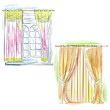 Curtain window. Watercolor. Curtains design.
