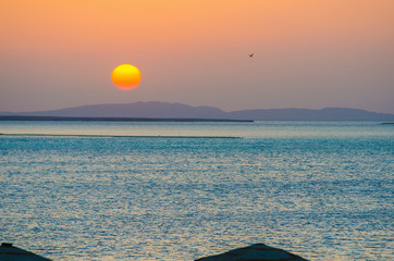 Wall Mural - sunrise, sunset on the beach with umbrellas orange and blue color at dusk.
