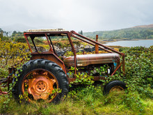 Old Rusty Tractor Overgrown With Weeds Near A Lake