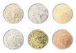 Set of organic flour in glass bowls on white background, top view
