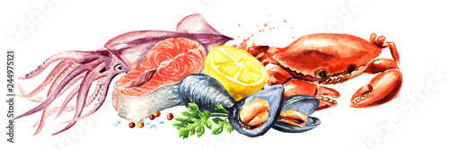 Cuadros en Lienzo Seafood horizontal composition, Watercolor hand drawn illustration isolated on w