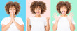 © ladyalex - Happy and praying collage of young dark skin woman isolated on colorful background in tshirt clothes. Copy space. Mock up. White template blank summer t shirt. Curly hair girl