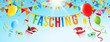 Fasching - Himmel mit hängender Typographie, Luftballons, Girlanden und fliegenden, Fasching Accessoires Banner 