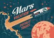 Vintage poster - rocket flies to the planet Mars. Worn texture on a separate layer.