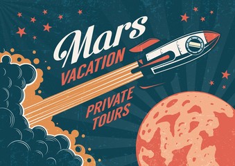 Wall Mural - vintage poster - rocket flies to the planet mars. worn texture on a separate layer.