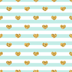 Wall Mural - gold heart seamless pattern. blue-white geometric stripes, golden confetti-hearts. symbol of love, v