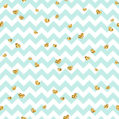 Wall Mural - Gold heart seamless pattern. Blue-white geometric zig zag, golden confetti-hearts. Symbol of love, Valentine day holiday. Zigzag design wallpaper, background, texture. Vector illustration