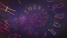Background With Spiral Symbols Of The Zodiac Signs In Space. Astrology, Esotericism, Prediction Of The Future.