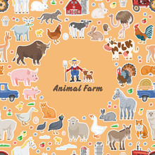  Vector Funny Farm Seamless Background With Farmer, Dog, Barn, Cow, Sheep, Donkey, Pig, Chicken, Rooster, Duck, Turkey, Bull, Calf, Rabbits, Cats, Goose, Lama, Horse, Guinea Fowl, Truck And Tractor.