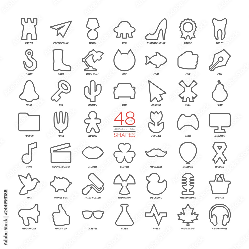 Editable stroke outline vector set basic design icons. Thin figures ...