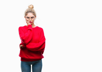 Poster - Young beautiful blonde woman wearing red sweater and glasses over isolated background thinking looking tired and bored with depression problems with crossed arms.