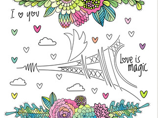 Wall Mural - Floral love background with eiffel tower . Hand drawn succulent flower, leaves and hearts