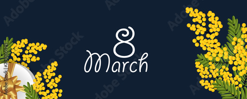 Fotomural Desing for March 8 International Women's Day with Mimosa, gift box with gold bow