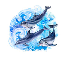 Dolphins In The Sea Waves. A Flock Of Dolphins In The Ocean. Composition With Jumping Dolphins Isolated On White Background. Watercolor Painting. Illustration. Template. Clipart