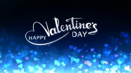 Wall Mural - Glowing hearts appear on the shining blue background with glow animated text. Valentines Day holiday abstract loop animation.