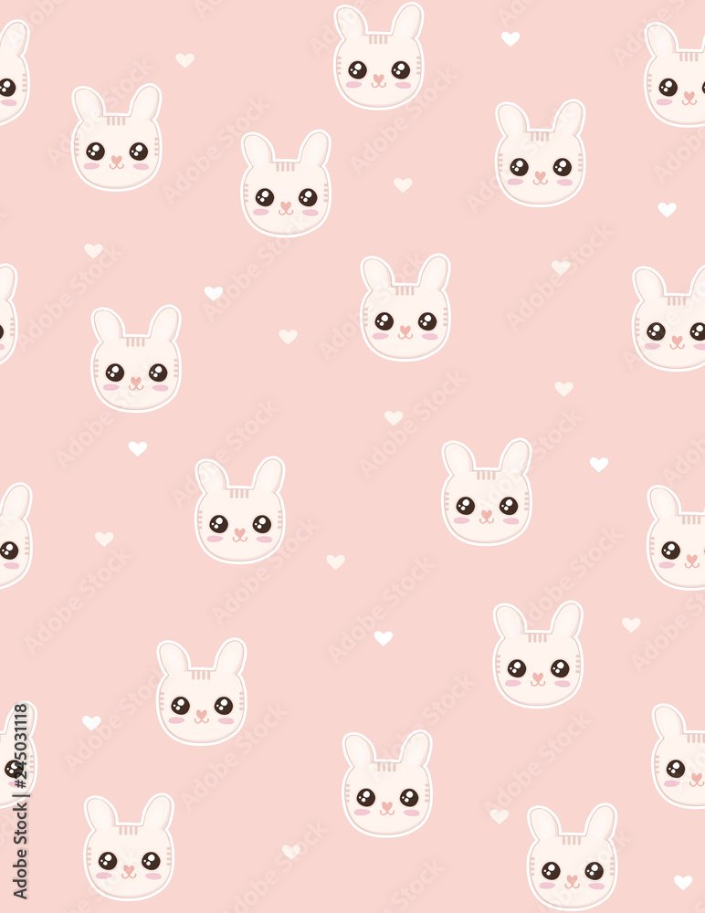 Sweet Rabbit Backround Funny Sweet Kawaii Rabbits Vector Pattern. Cute Smiling Bunnies a Pink ...