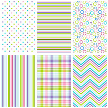 Multicolor Seamless Pattern Set. Repeating Patterns For Fabric, Gift Wrap, Baby Shower Paper, Scrapbooking And More. Cute, Sweet Polka Dot, Stripe, Plaid And Chevron Print.