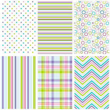 Multicolor seamless pattern set. Repeating patterns for fabric, gift wrap, baby shower paper, scrapbooking and more. Cute, sweet polka dot, stripe, plaid and chevron print.